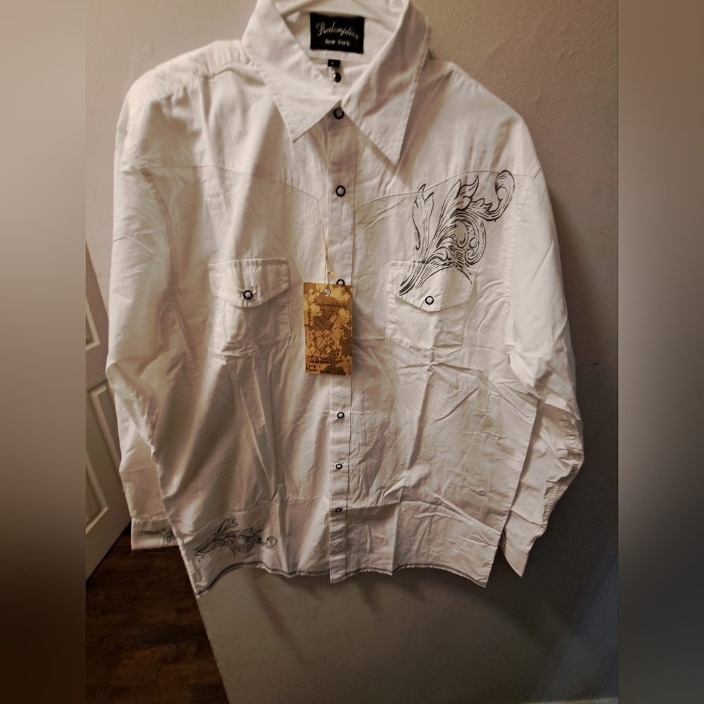 Redemption, Men's Shirt, Longsleeve, Size (L) Large, Color White, Blue,Gray, NWT